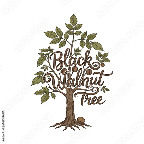 Vintage Black Walnut Tree Vector Illustration, Botanical Woodland Artwork