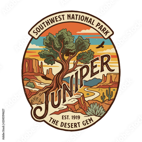 Vintage Juniper Tree Vector Illustration, Desert Woodland Botanical Artwork