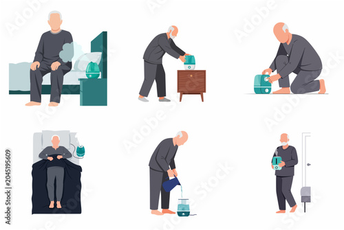 Set of flat illustrations featuring an elderly man using an air humidifier in his bedroom to improve air quality and sleep wellness.