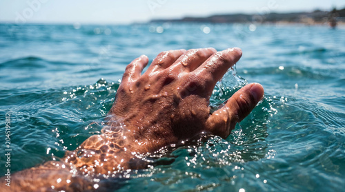 Close up of adult feet emerging from ocean waves on sunny beach, summer relaxation concept