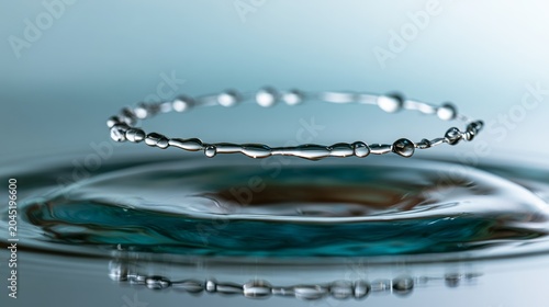 Water droplets creating a circular crown shape above a vibrant ripple on a still water surface, illustrating the dynamic forces of surface tension and purity at high speed