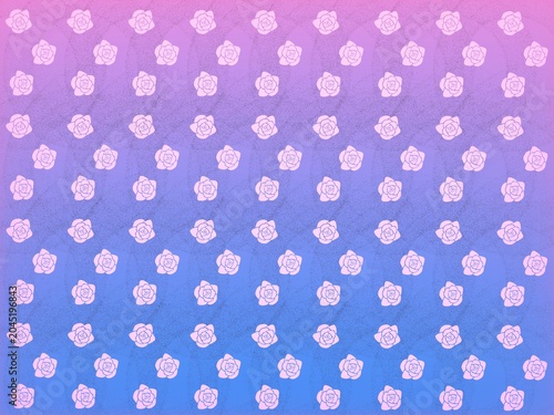 Abstract seamless pattern of white rose flower outlines on a vibrant pink, purple and blue gradient background. Floral backdrop with a subtle grainy noise texture for romantic designs