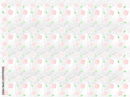 Soft focus romantic floral seamless pattern with pastel pink roses and light green leaves on a white grainy background. Dreamy blurred effect on the dainty rose blossoms