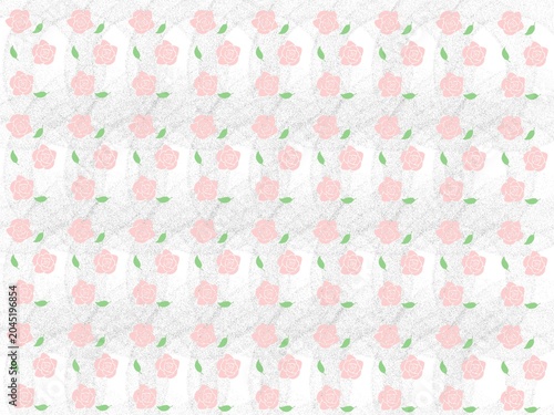 ​Floral seamless pattern featuring small pink roses and green leaves on a bright white textured background. Elegant repetition of dainty hand-drawn style rose buds and foliage