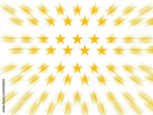 Dynamic background featuring golden yellow stars exploding outwards with a dramatic zoom effect on a white background. Energetic digital illustration with radial speed lines