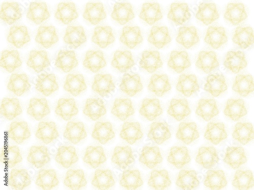 Abstract geometric seamless pattern with delicate golden yellow spirograph mandala shapes on a white background. Elegant repeating rows of intricate fine-line circular stars