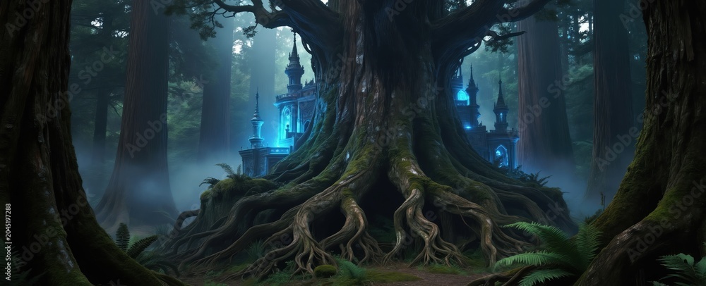Naklejka premium Ancient tree with castle integrated into roots. Mystical blue light shines from windows. Thick fog surrounds mossy forest ground. Old trees stand tall in background.