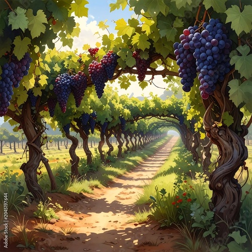 Sunlit Ripe Grape Clusters Hanging Along Vineyard Path in Lush Countryside