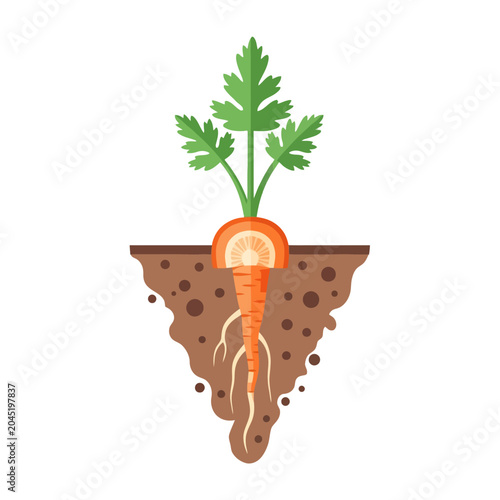 Illustration of a Carrot Plant with Roots and Green Leaves.