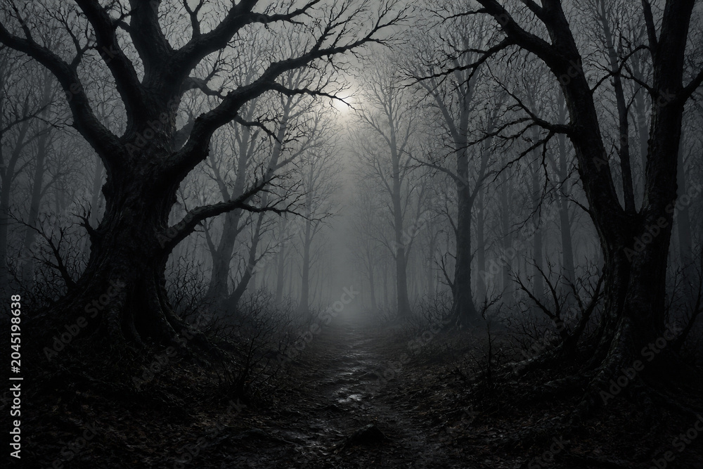 Obraz premium Foggy forest path through bare trees under moonlight