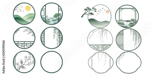 Circular illustrations of nature scenes in minimalist Asian style  