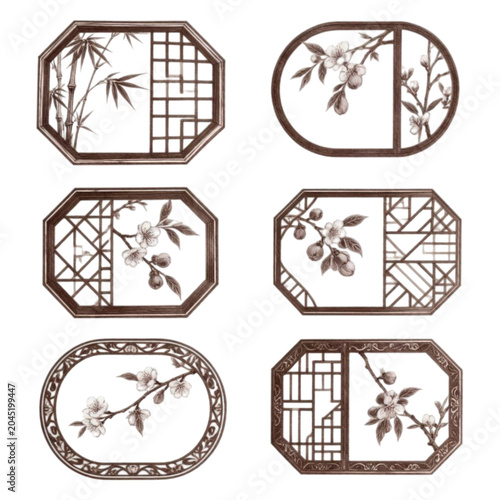 Decorative Asian wall art panels with floral and bamboo designs  