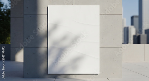 Poster mockup hangs on a smooth concrete wall outdoors in a professional urban setting with clear copy space.