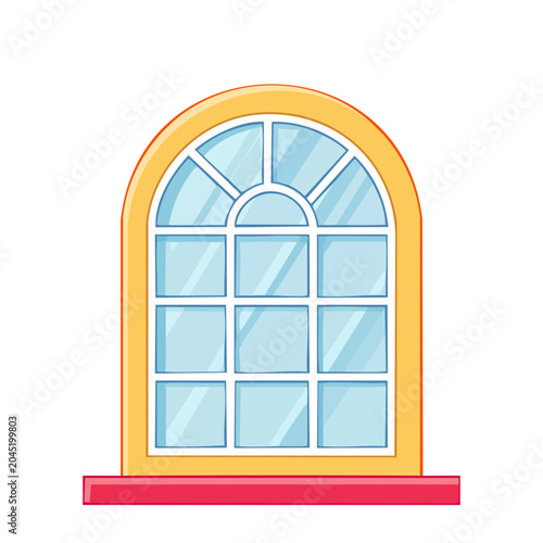 Cartoon arched window with yellow frame and red sill