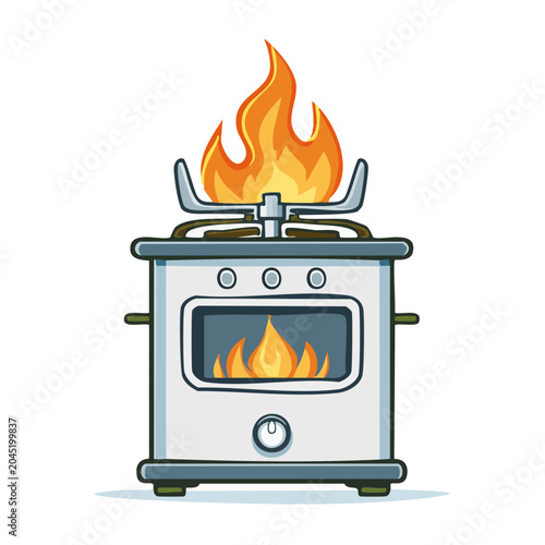 Cartoon stove on fire with flames
