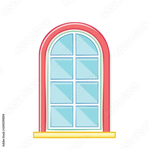 Flat design arched window with red frame
