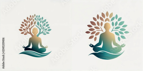 Meditation silhouette with flowing leaves and water in soft colors  