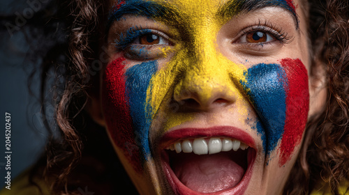 Close up of joyful Colombian football fan with painted cheeks in national colors