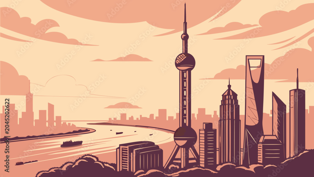 Obraz premium Shanghai skyline with iconic towers and river at sunset