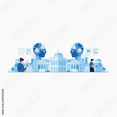 Illustration of people interacting with technology in a cityscape with government buildings