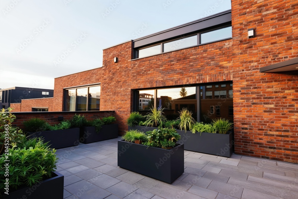 Fototapeta premium Modern brick building exterior with rooftop garden planters. Contemporary architecture features large windows reflecting sky and city structures. Green plants offer urban oasis.