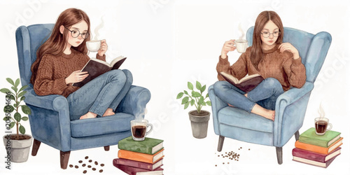 Young woman reading a book while relaxing in a cozy armchair  