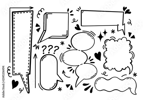 Comic speech bubbles, vector icon set. Hand drawn cloud shaped frame, empty word balloon, text box with copy space. Symbol of talk, thought, dialogue. Black and white doodle, cartoon caption box
