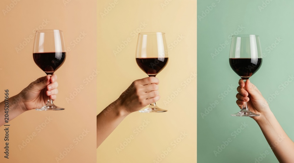 Fototapeta premium Hands hold wine glasses filled with red wine against solid color backdrops. Celebration and tasting concepts are suggested by this simple arrangement of drinks.