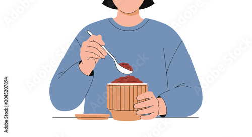 Person eating from a wooden bowl with a spoon, healthy food, natural ingredients, simple meal