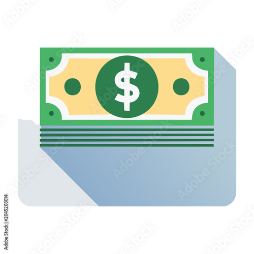 Flat design icon of a stack of dollar bills with a dollar sign