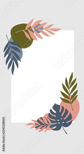 Abstract Tropical Leaves Frame with Geometric Shapes, Minimalist Boho Botanical Border