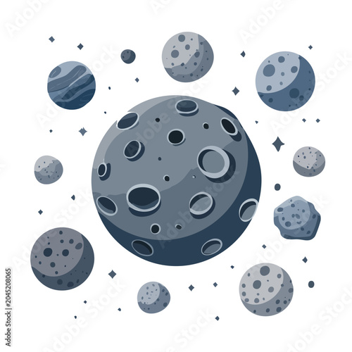 Flat design illustration of planets and asteroids in space
