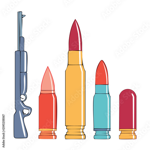 Flat design illustration of rifle and various ammunition
