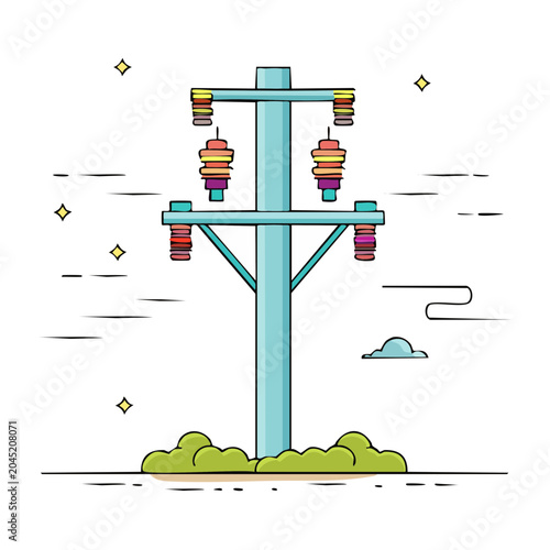 Flat design power pole with insulators and wires
