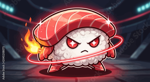 Angry Sushi Warrior with Fiery Aura in Arena