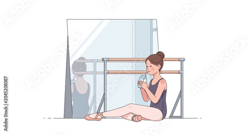 Ballerina Resting and Drinking Water After Ballet Class in Studio