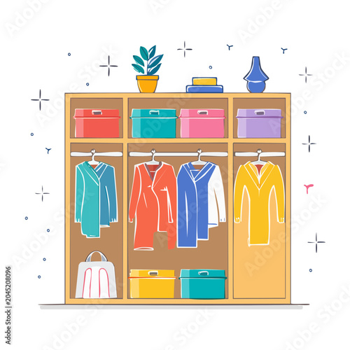 Flat design wardrobe with colorful clothes and storage