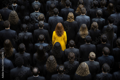 Woman in yellow coat standing within crowd of black suited people