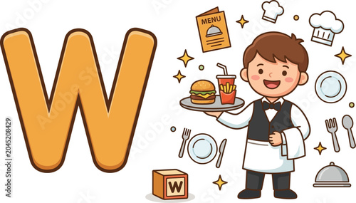 Cute Cartoon Waiter Character Representing the Letter W for Waiter on Transparent Background