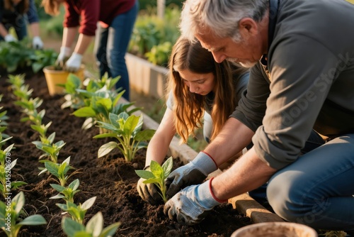 Man and child plant seedlings in raised garden beds. People work together in organic farm outdoors. Adults and kids cultivate green plants  learn about nature.