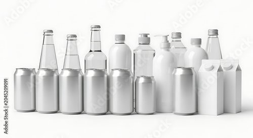 Product packaging set features a diverse array of blank white bottles, jars, and metal cans displayed together for branding concepts.