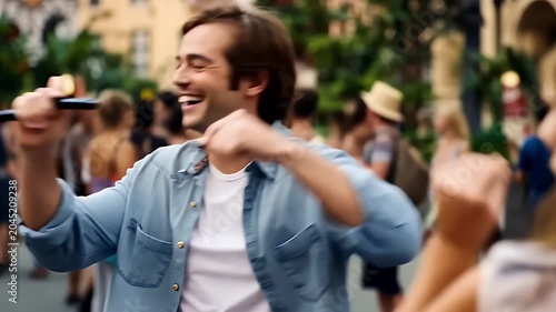 Man waving in crowd.