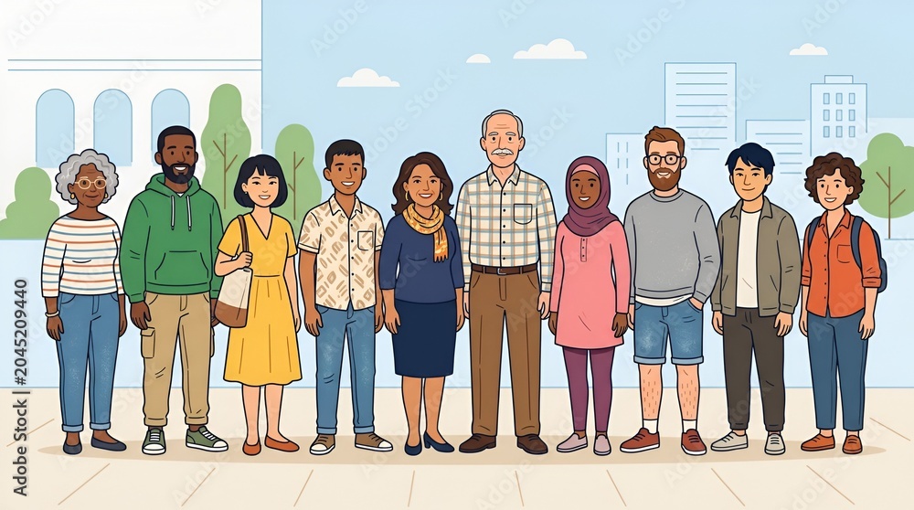 Obraz premium Diverse group of people standing together, representing community and unity in an urban setting.