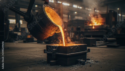 Foto Molten metal being poured from a foundry ladle into a casting mold in an industrial workshop