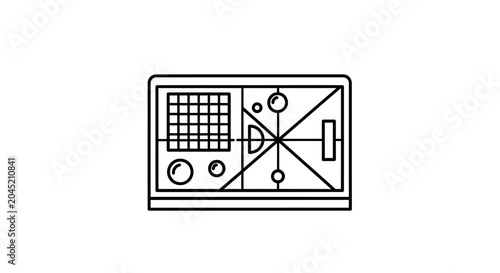 Retro computer screen with grid, buttons, and abstract graphics, vintage technology illustration