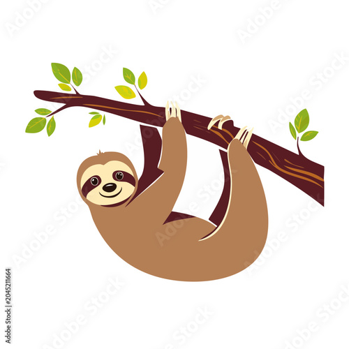 Cute sloth hanging from a tree branch with leaves