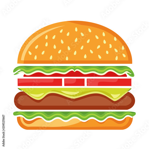 Flat design hamburger icon with lettuce, tomato, and patty