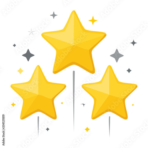Three golden stars with sparkles on white background