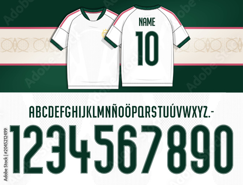 madrid font, spain font, Vector sports number set with tall geometric lettering, clean contours and dual line detailing. Alphabet and numerals designed for apparel graphics, roster markers