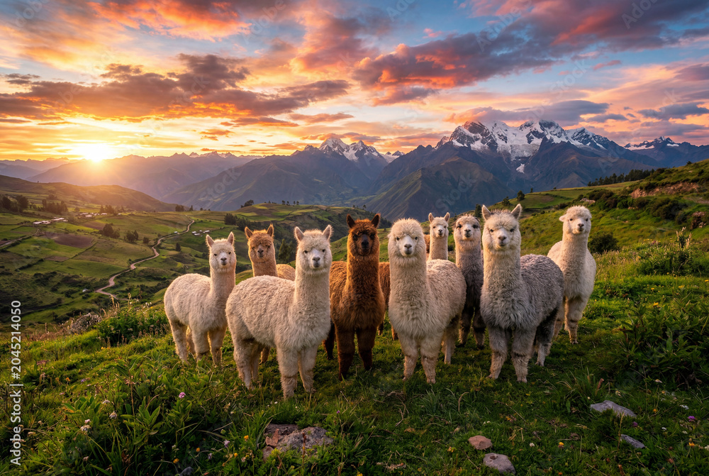 Fototapeta premium Herd of fluffy alpacas standing in a green field with mountains at sunset